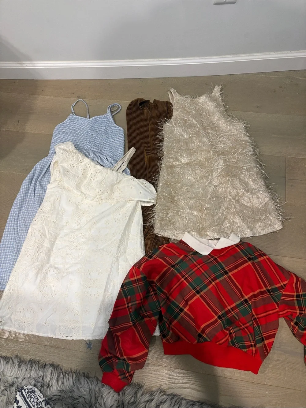 Mixed Dress & Top Bundle - White Eyelet, Blue Gingham, holiday pieces (5 items)